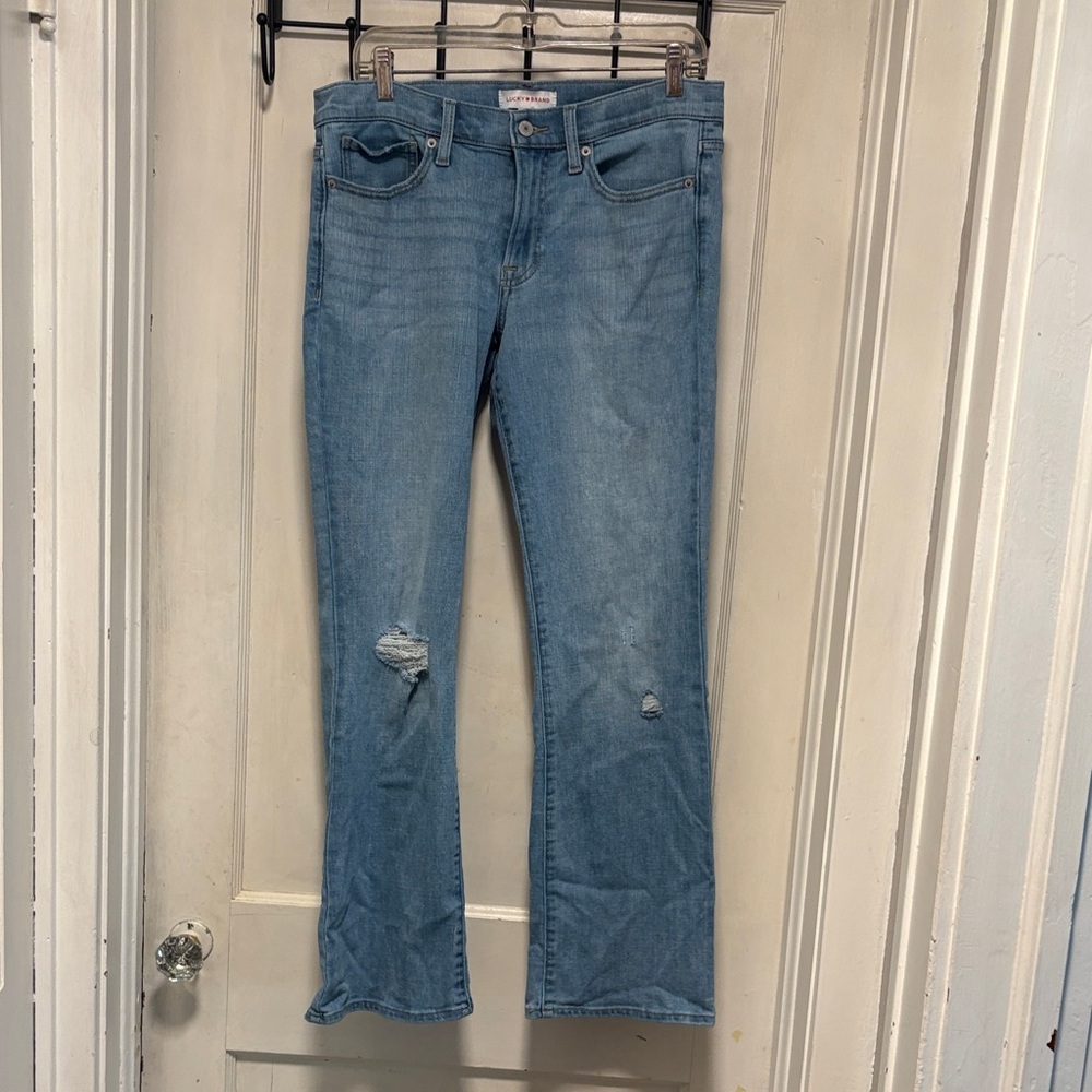 Light Blue Distressed Sweet Mid Rise Boot Jeans 10/30A